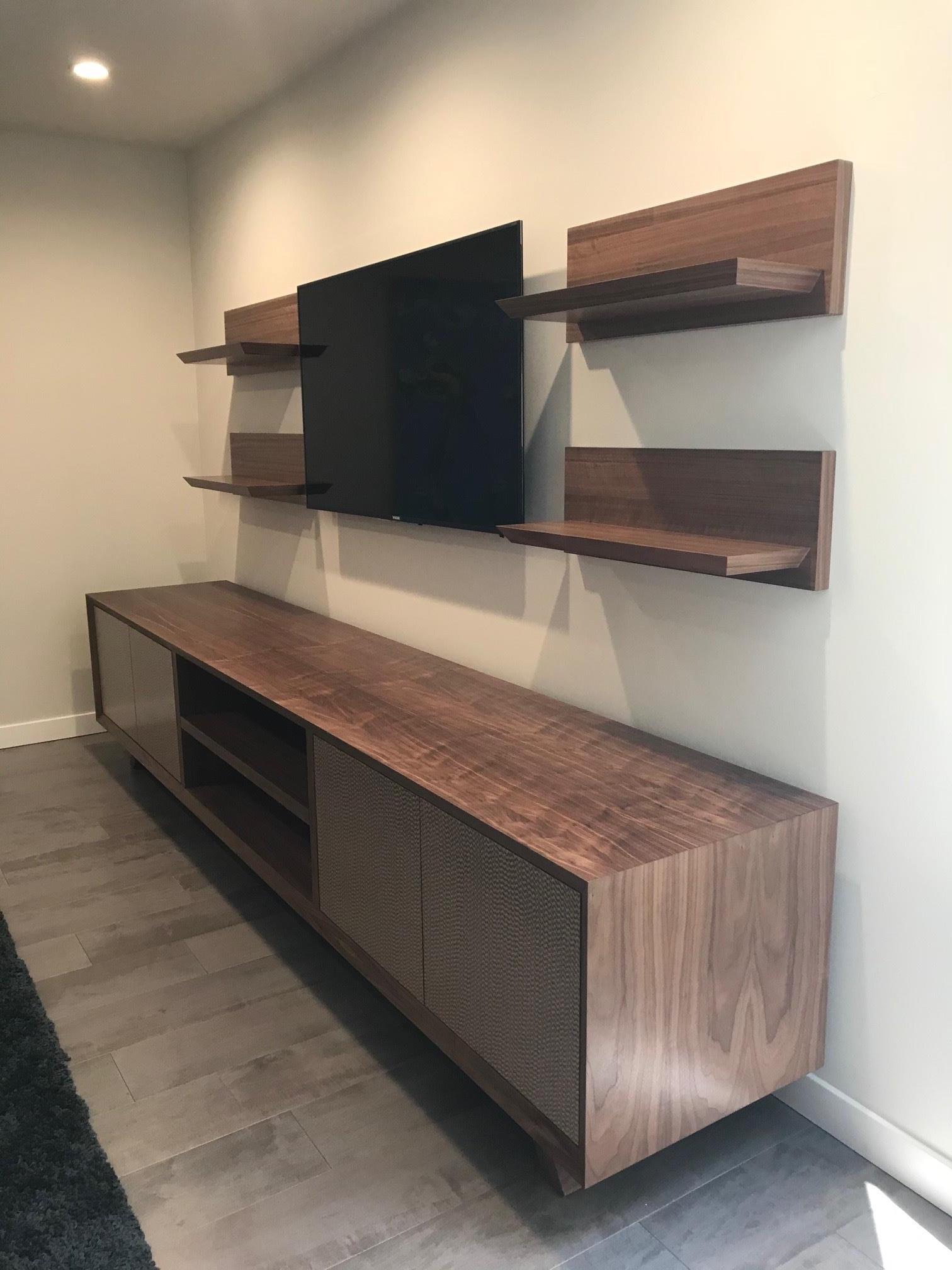 Long Walnut Console with Floating Shelves